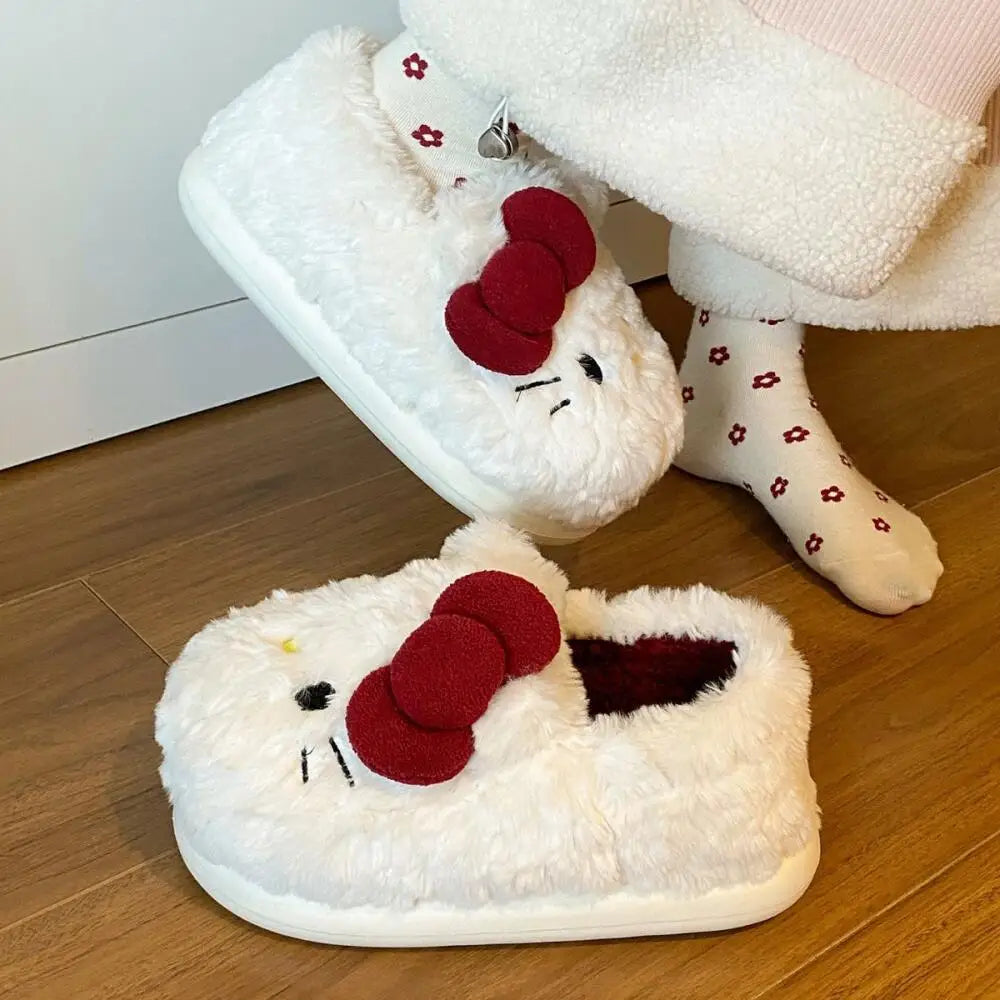 New Cartoon Hello Kitty Plush Slippers Sanrio Cute Female Anime Autumn Winter Home Plus Velvet Warm Thick Sole Baotou Slippers