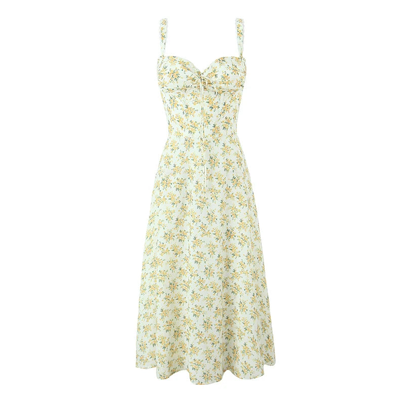 YENKYE Sexy Elegant Women Lace Patchwork Floral Print Sling Midi Dresses Holiday Summer Lady Party Vestidos Cotton Robe