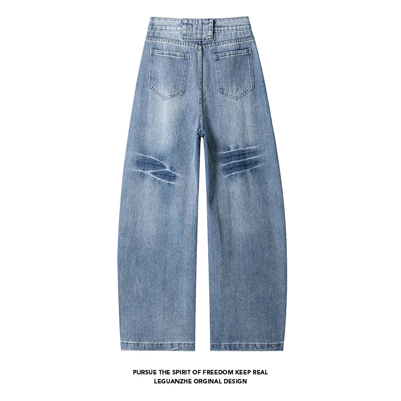 Retro Distressed Wide Leg Curved Jeans Men Y2K Hip Hop Baggy Denim Pants Streetwear Casual Trousers