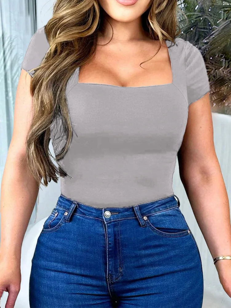 New Arrival Hot Seller 2024 Spring/Summer T-Shirt Women's Casual Square Neck Solid Color Slim-Fit Crop Top Short Sleeve