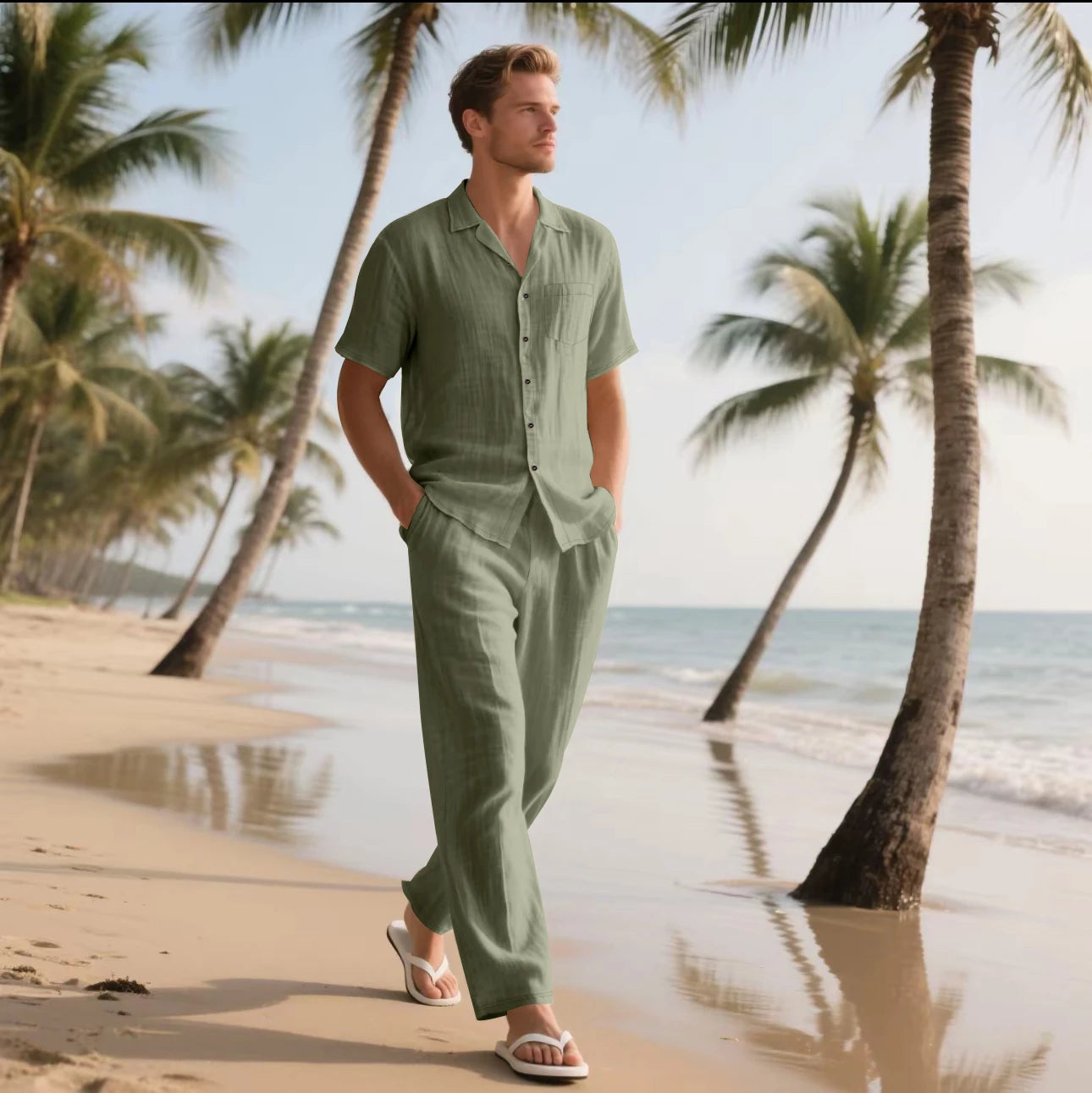 2025 New Arrival Men's Casual Tracksuit Linen Shirt and Pants Set Breathable Summer Outfits for Beach and Daily Wear