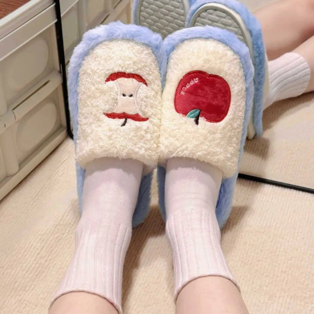 Fashion Grid Stripe Cute Plush Slippers Non-Slip Thick Sole Winter Slides Women Silent Casual Home Wear Shoes Women