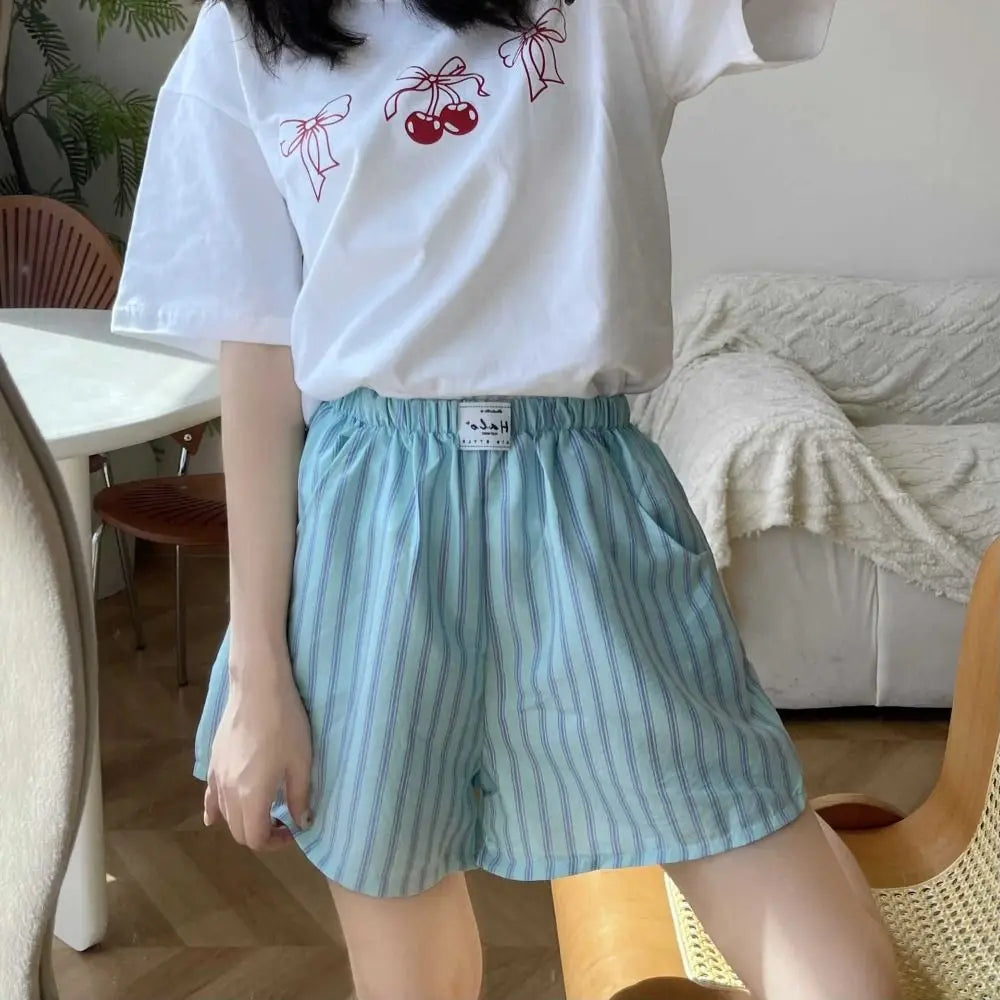 Comfortable Spring Summer Casual Shorts Women Chic High Waist Stripe Short Pants Baggy Elastic Waistband Thin Loose Shorts Women