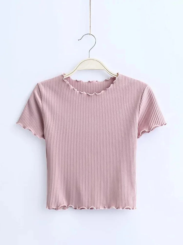 Vintage Wood ears O neck Short sleeve T-shirt 2025 New Woman Slim Fit t shirt tight tee Summer Retro Tops 6 colors