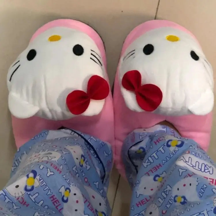 Y2K Hello Kitty Women Plush Cotton Shoes Big Head Slippers Sanrio Kawaii Anime Flat Shoes Winter Warm Thickened Cute Student