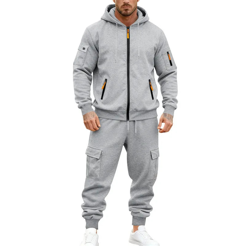 Men's Full Zip Hooded Tracksuit 2 Piece Set Casual Cargo Pocket Jogger Suit Outdoor Sports Hoodie And Pants Set