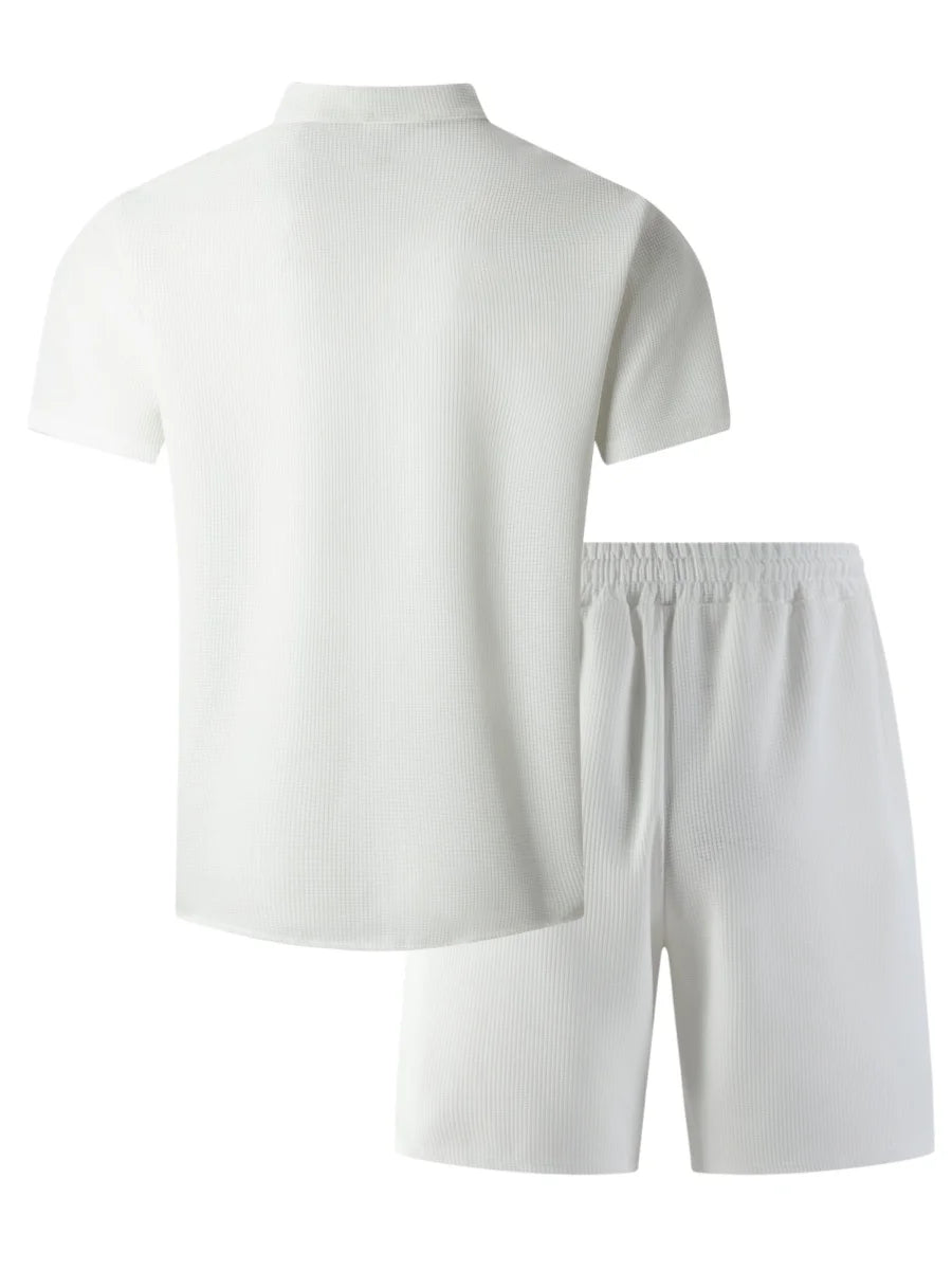Men's 2 Piece Outfit, Stand Collar Short Sleeve Shirt with Chest Pocket and Drawstring Shorts, Casual Co Ord Set