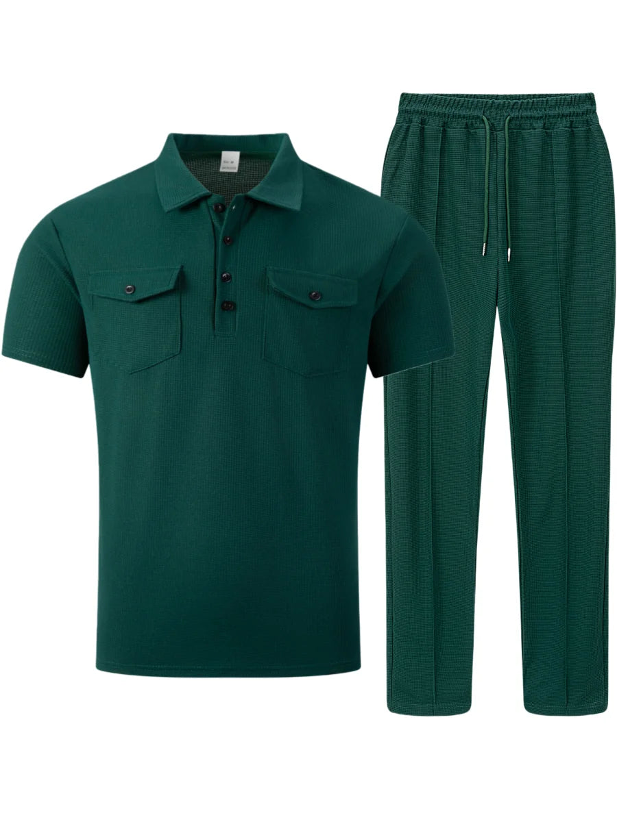 Summer New Men's Waffle Casual Tracksuit, Lapel Collar Double Pocket Solid Polo Shirt and Long Pants Set