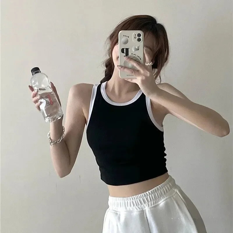 Spring Summer Color Block Sleeveless Vest Outerwear Pure Color Strap Innerwear Sports Top Base Shirt Beautiful Wrap Chest Women