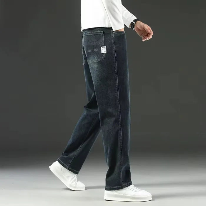 Autumn Winter  Brand New High Waist Jeans Classic Business Casual Office Men's Fashion Stretch Slim Denim Jeans Navy Blue
