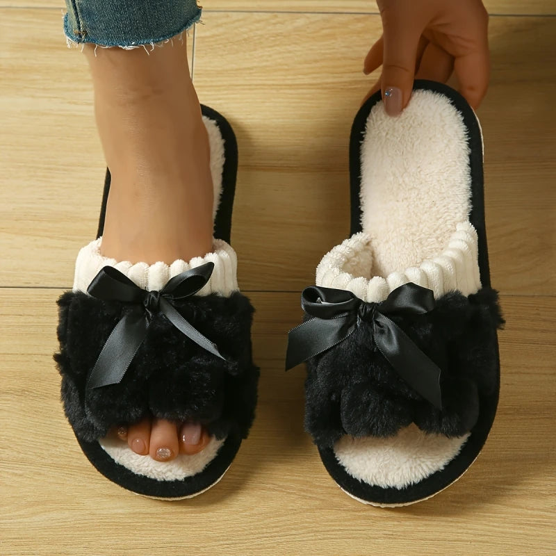 Autumn Winter Women Fashion Indoor Plush Bow Slippers Females New Lovely Bowknot Slides Men Home Cute Warm Fluffy Light Sandals