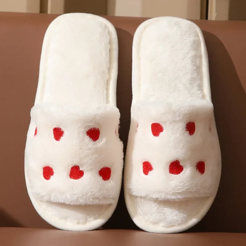 Winter Women Heart Slippers for Home Fur Furry House Slides Men Indoor Floor Soft Sandals Couples Comfortable Cute Flip Flops
