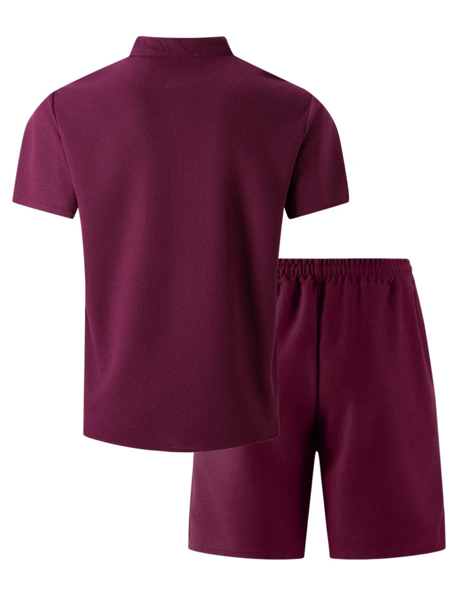 Men's 2 Piece Outfit, Stand Collar Short Sleeve Shirt with Chest Pocket and Drawstring Shorts, Casual Co Ord Set
