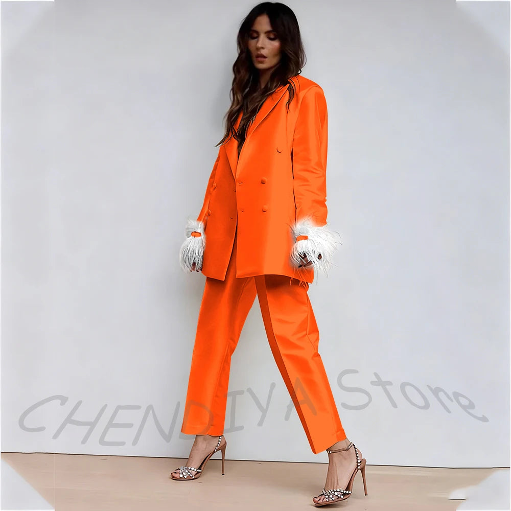 Luxury Feather Women's Suit Classic Design Double Breasted Ankle Length Elegant Outfit Two Pieces Formal Party Female Set