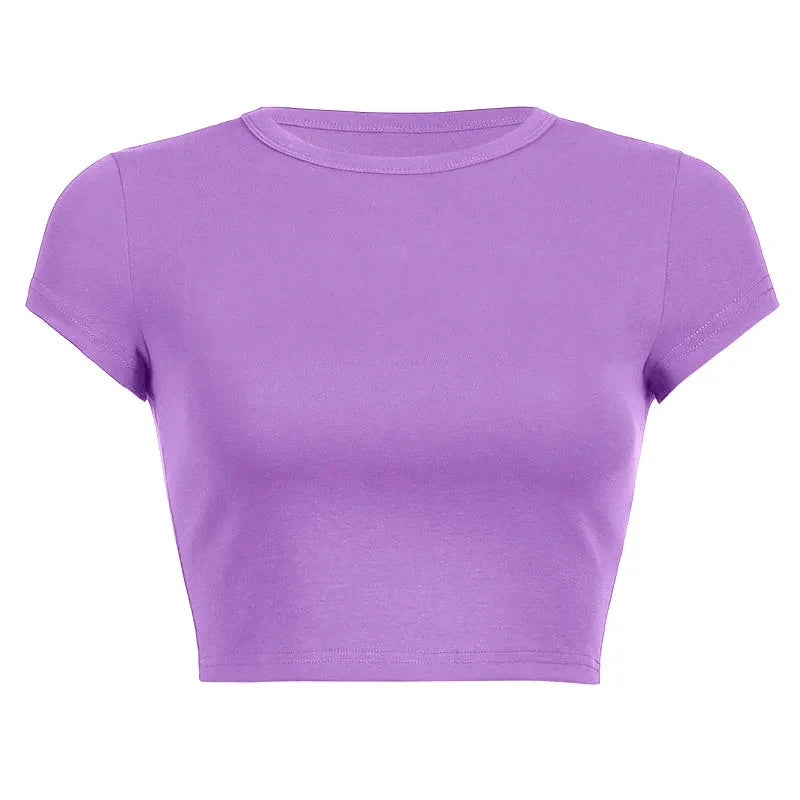 Summer Casual Short Sleeve Basic O Neck Solid Color Cropped Navel Women Crop Tops Soft Bodycon Fashion Tees Blouse