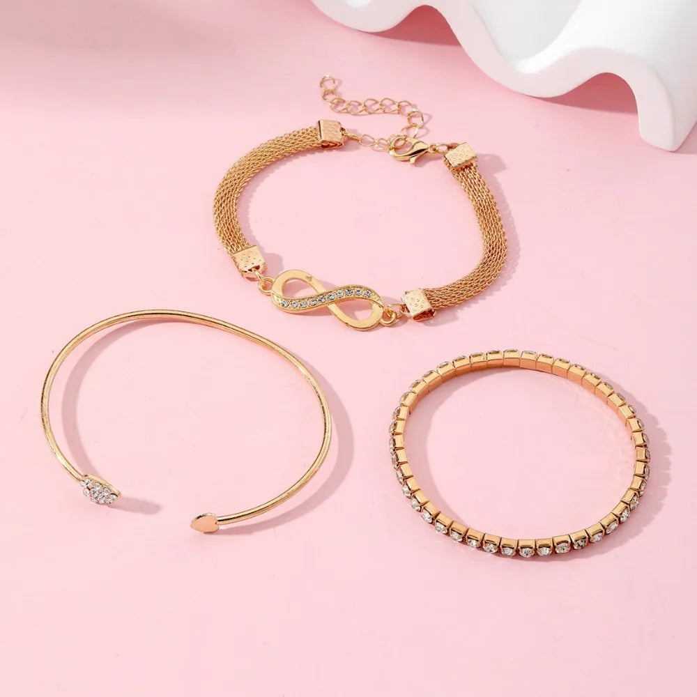 Vintage Infinity Heart Crystal Rhinestone Bracelet Set for Women Female Gold Color Metal Adjustable Bracelets Fashion Jewelry