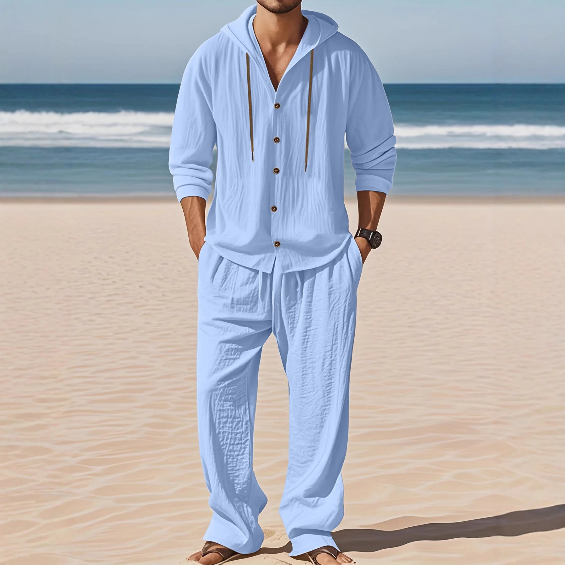 Men's Linen Long-Sleeved Shirt And Pants Set Breathable Outdoor Leisure Hiking Beach Sports Clothing for Spring Summer Autumn