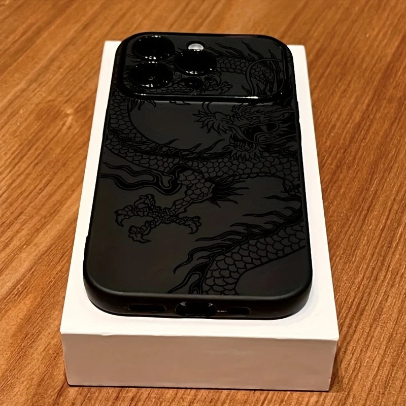 Linear Dragon Pattern Black Handy Window Phone case For iPhone 11 12 13 14 15 16 17 Air Pro Max XR XS X Plus Silicone INS Covers
