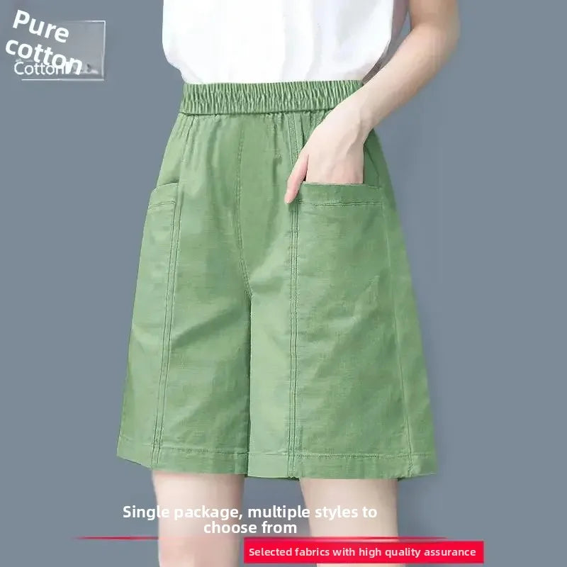Summer Casual Loose High Waist Slimming Cotton Wide Leg Five-Quarter Length Women's Shorts Versatile Workwear Style Shorts