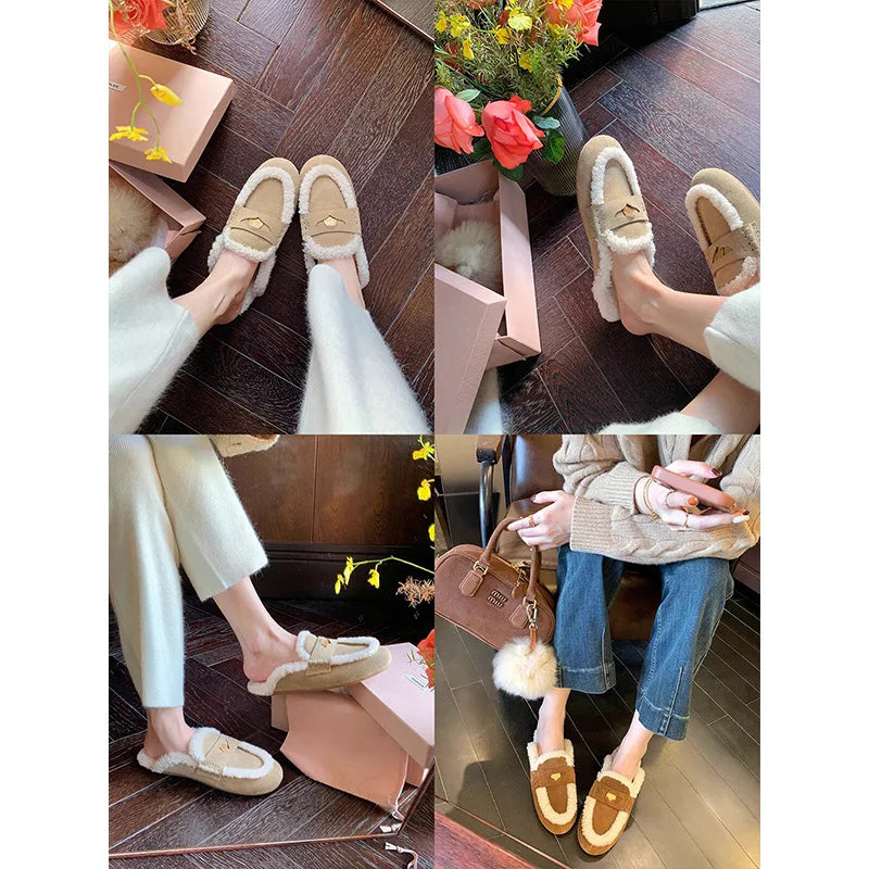 Women's slippers 2025 autumn and winter warm fur half slippers for wearing outside slippers