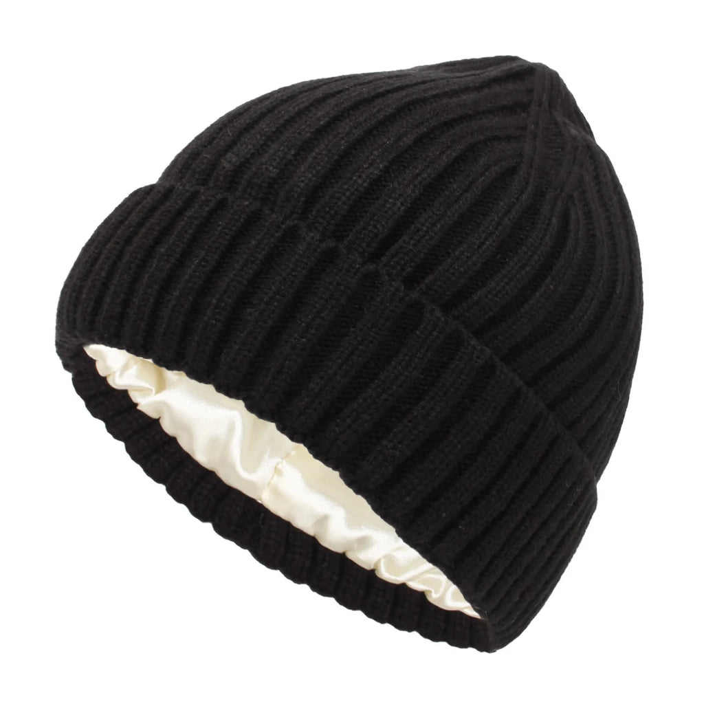 Winter Satin Lined Beanie Hats Women Men Unisex Thick Chunky Cap Striped Warm Soft High Quality casual Knitted Beanie Hat