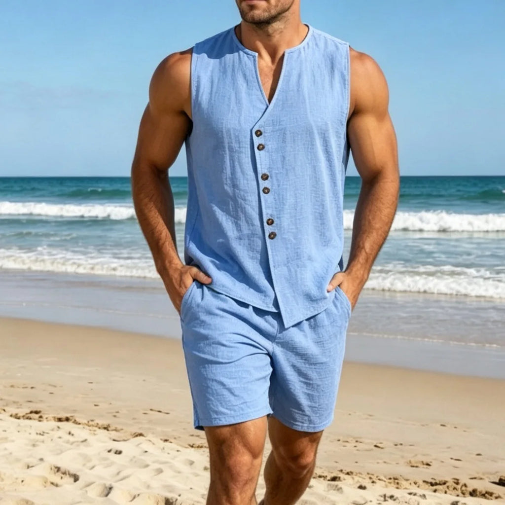 Summer Men's Solid Color Simple Fashionable Open-Back Sweater Set for Casual Wear - Sleeveless Linen Blouse, Shorts, Beach Set