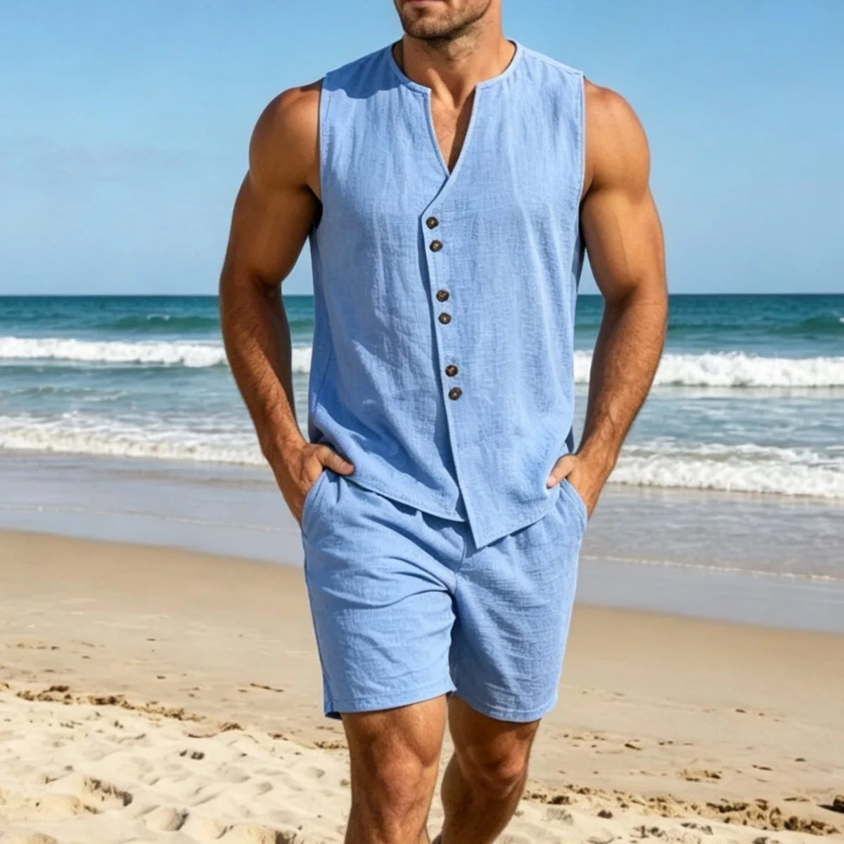Summer Men's Solid Color Simple Fashionable Open-Back Sweater Set for Casual Wear - Sleeveless Linen Blouse, Shorts, Beach Set