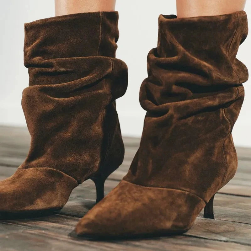 Aneikeh Winter Wrinkle Pointed Toe Ankle Boots Women Pleated Short Boots Female Retro Elegant Designer Femmes Botas De Mujer