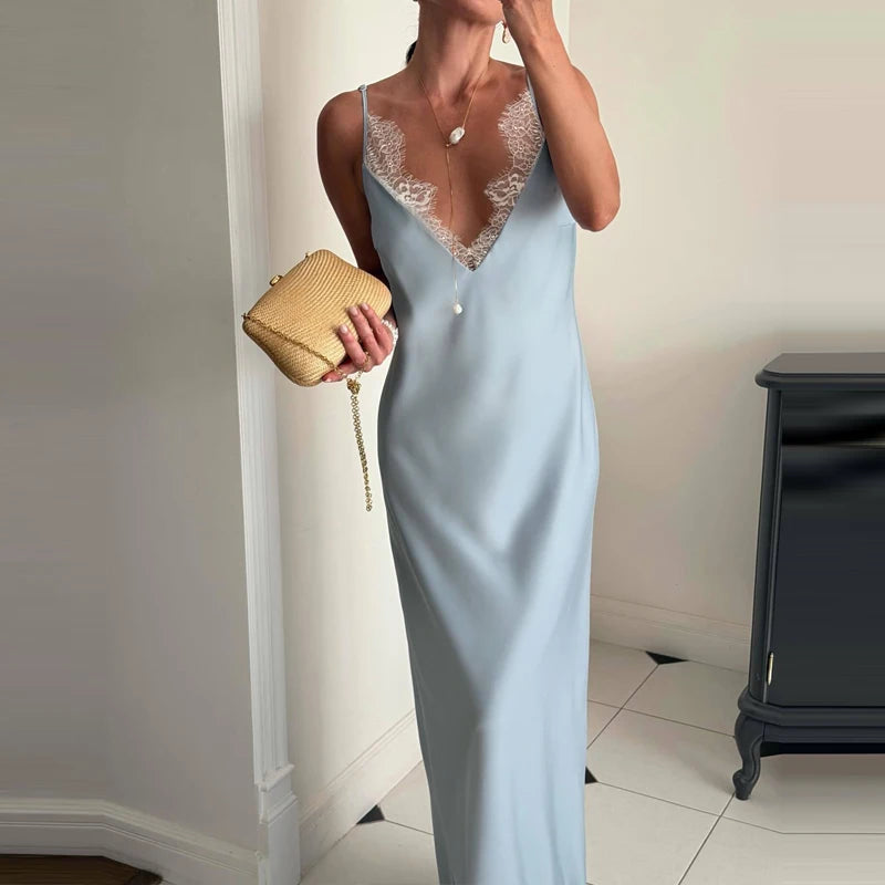 Elegant Solid Color Slim Women's Dress Summer Sexy Lady Hollow Out Vestidos Dress Fashion V-neck Lace Spliced Satin Maxi Dress
