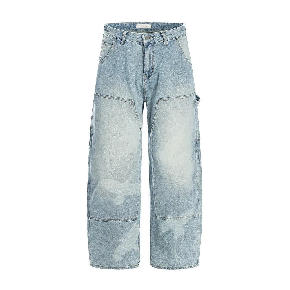 Pigeons Print Carpenter Denim Pant Mens Pocket Retro High Street Washed Distressed Loose Wide Leg ARC 3D JEANS