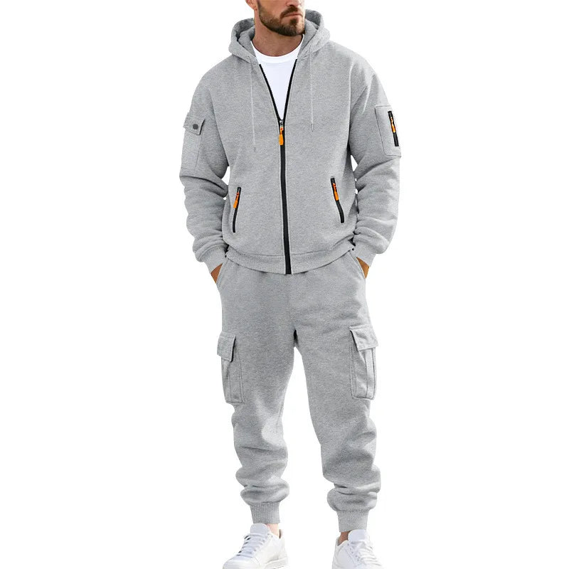 Men's Full Zip Hooded Tracksuit 2 Piece Set Casual Cargo Pocket Jogger Suit Outdoor Sports Hoodie And Pants Set