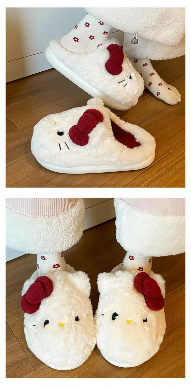 New Cartoon Hello Kitty Plush Slippers Sanrio Cute Female Anime Autumn Winter Home Plus Velvet Warm Thick Sole Baotou Slippers