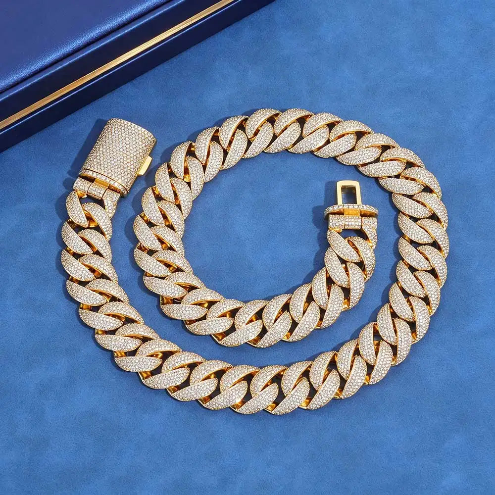 22mm Wide Cuban Chain Brass Full Paved CZ Zircon Necklace Hip Hop Iced Out Bling Rapper Jewelry Gold Silver Two Tone Neck Chain