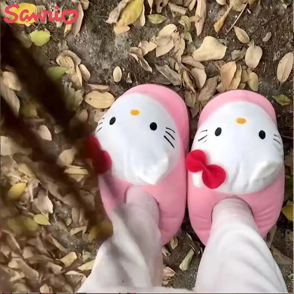 Y2K Hello Kitty Women Plush Cotton Shoes Big Head Slippers Sanrio Kawaii Anime Flat Shoes Winter Warm Thickened Cute Student