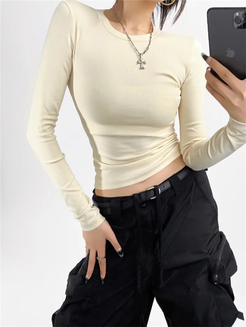 LUNDUNSHIJIA O-neck Long Sleeve T-shirts For Women 2025 New Spring Ladies Solid Cotton Slim Tee Shirts 10 Colors