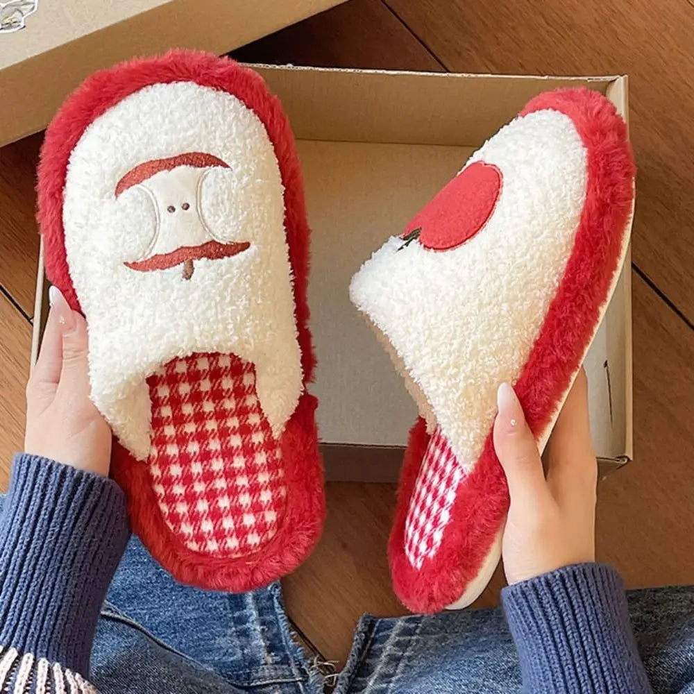 Fashion Grid Stripe Cute Plush Slippers Non-Slip Thick Sole Winter Slides Women Silent Casual Home Wear Shoes Women