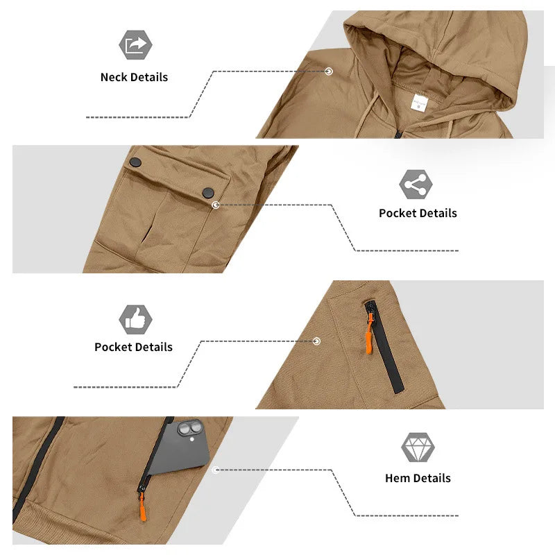 Men's Full Zip Hooded Tracksuit 2 Piece Set Casual Cargo Pocket Jogger Suit Outdoor Sports Hoodie And Pants Set