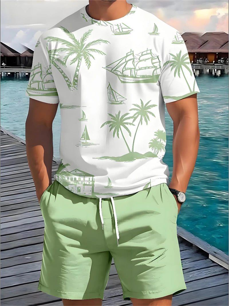 2025 Summer New Men's Short Sleeve Palm Tree Print T Shirt Fashion Men's Vacation Beach Casual Shirts Graphic Tee Summer Tops