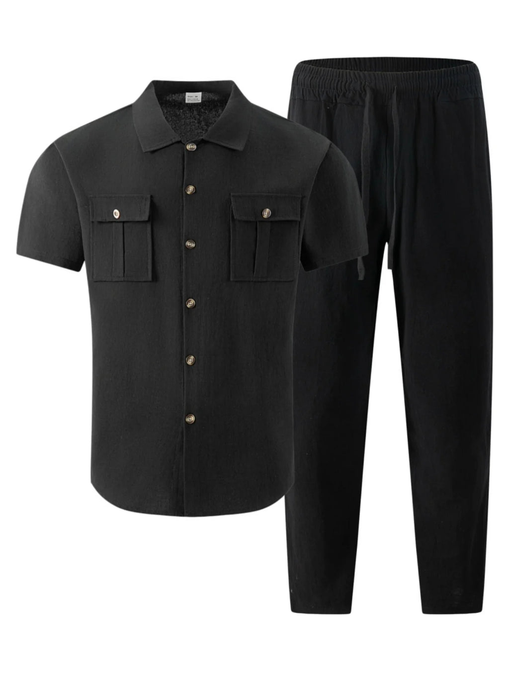 Men's Cotton Linen Short Sleeve Shirt & Pants Set Turn-Down Collar Double Pocket Casual Streetwear
