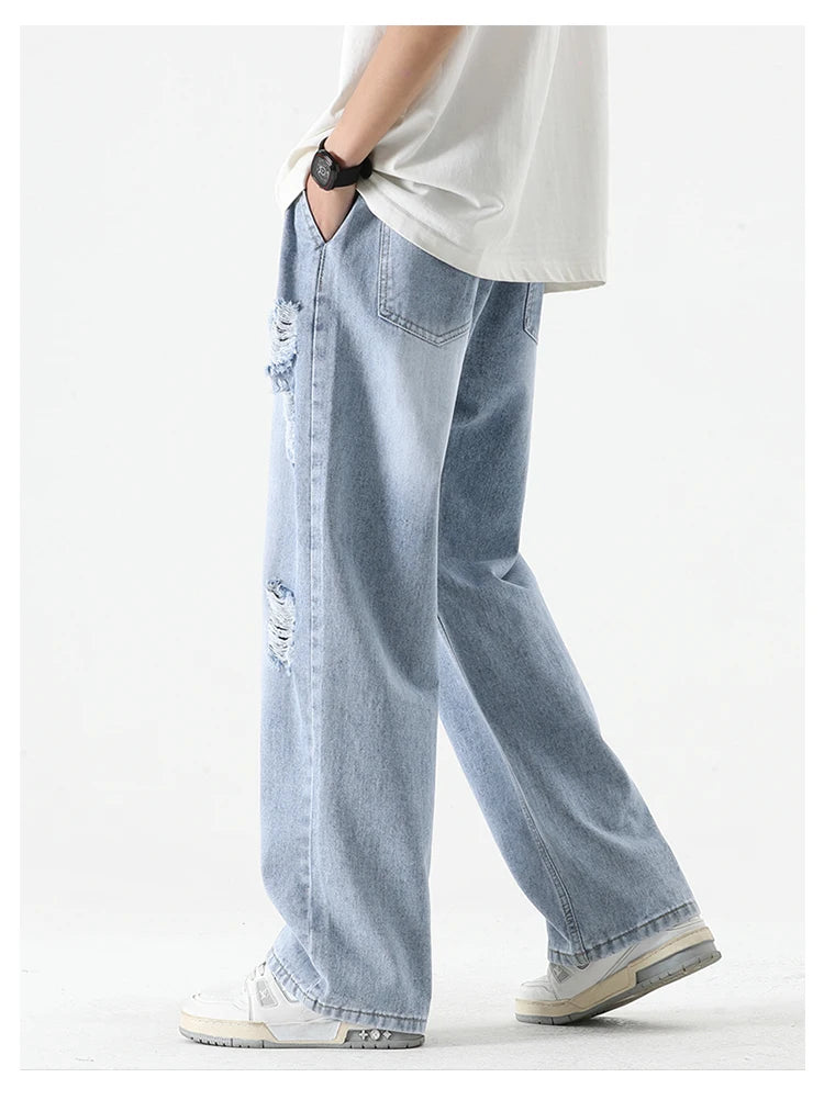 Men's Summer Ripped Jeans Loose Straight Leg Retro Men Draw Rope Port Fashion Brand All-match Casual Pants