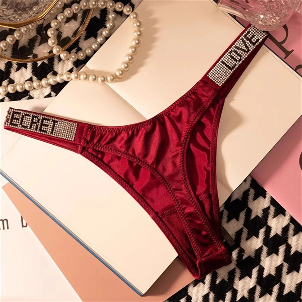 Wine Red/Leopard Sexy Shinning Rhinestone Thong Women's Seamless Underwear Sexy Sports Ladies Plus-size T-back Panties