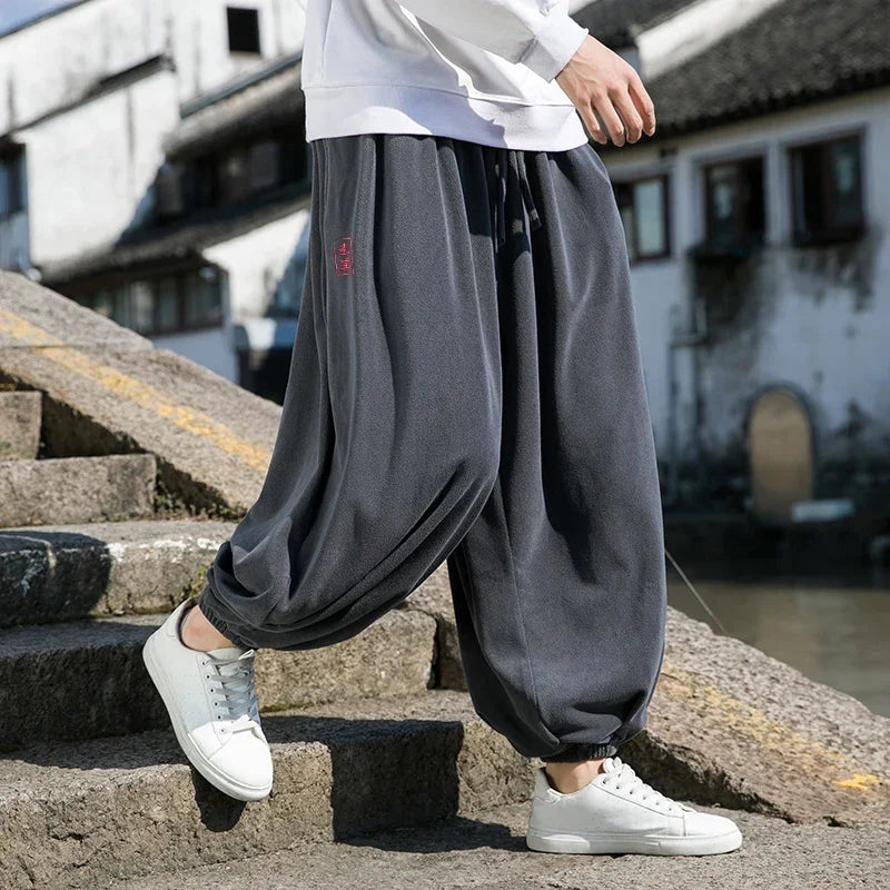 2024 Autumn Winter Men Polar Fleece Pants Men Velvet Retro Harem Pants Male Solid Color Wide Leg Pants Harajuku Jogging Trousers