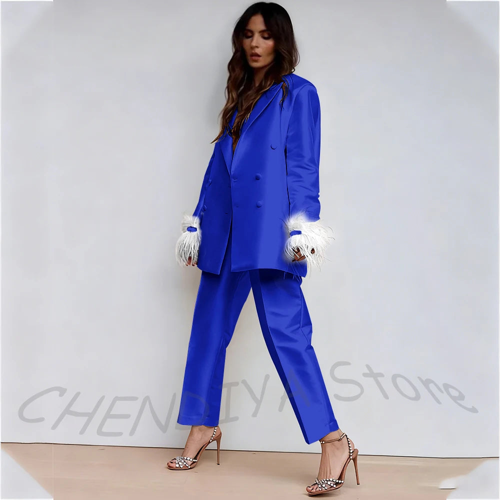 Luxury Feather Women's Suit Classic Design Double Breasted Ankle Length Elegant Outfit Two Pieces Formal Party Female Set