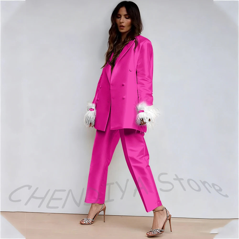 Luxury Feather Women's Suit Classic Design Double Breasted Ankle Length Elegant Outfit Two Pieces Formal Party Female Set
