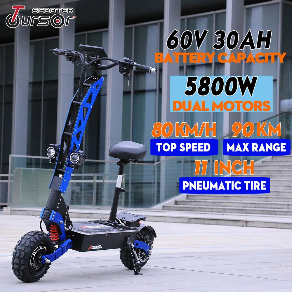 Motor 60V 40AH Electric Scooter 11 Inch Off-Road Tyres with Seat Max Speed 85-90km/hLCD Display Foldable Escooter