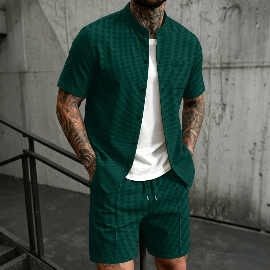 Men's 2 Piece Outfit, Stand Collar Short Sleeve Shirt with Chest Pocket and Drawstring Shorts, Casual Co Ord Set