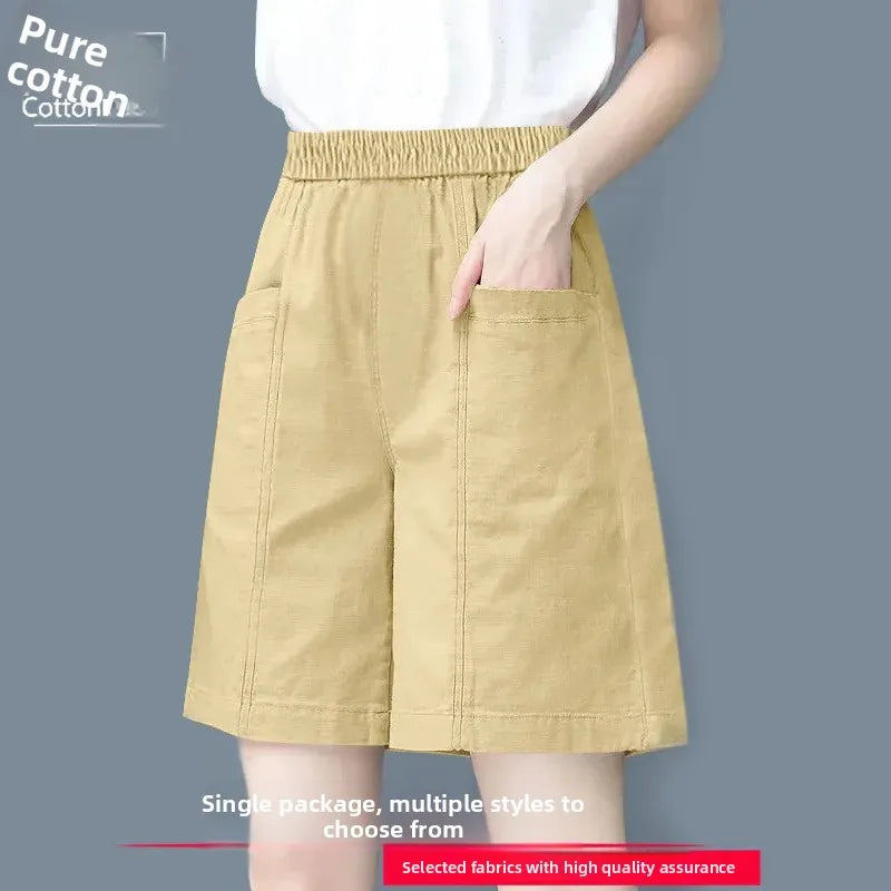 Summer Casual Loose High Waist Slimming Cotton Wide Leg Five-Quarter Length Women's Shorts Versatile Workwear Style Shorts