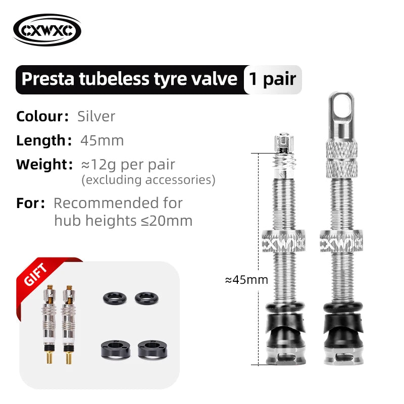 CXWXC 1Pair Bicycle Presta Valve 45/65/85mm Aluminum Alloy Valve For Tubeless Road/MTB/Gravel Bike Rim Valve Accessories
