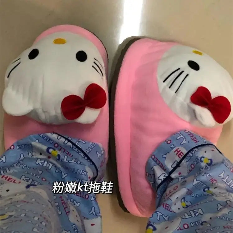 Y2K Hello Kitty Women Plush Cotton Shoes Big Head Slippers Sanrio Kawaii Anime Flat Shoes Winter Warm Thickened Cute Student