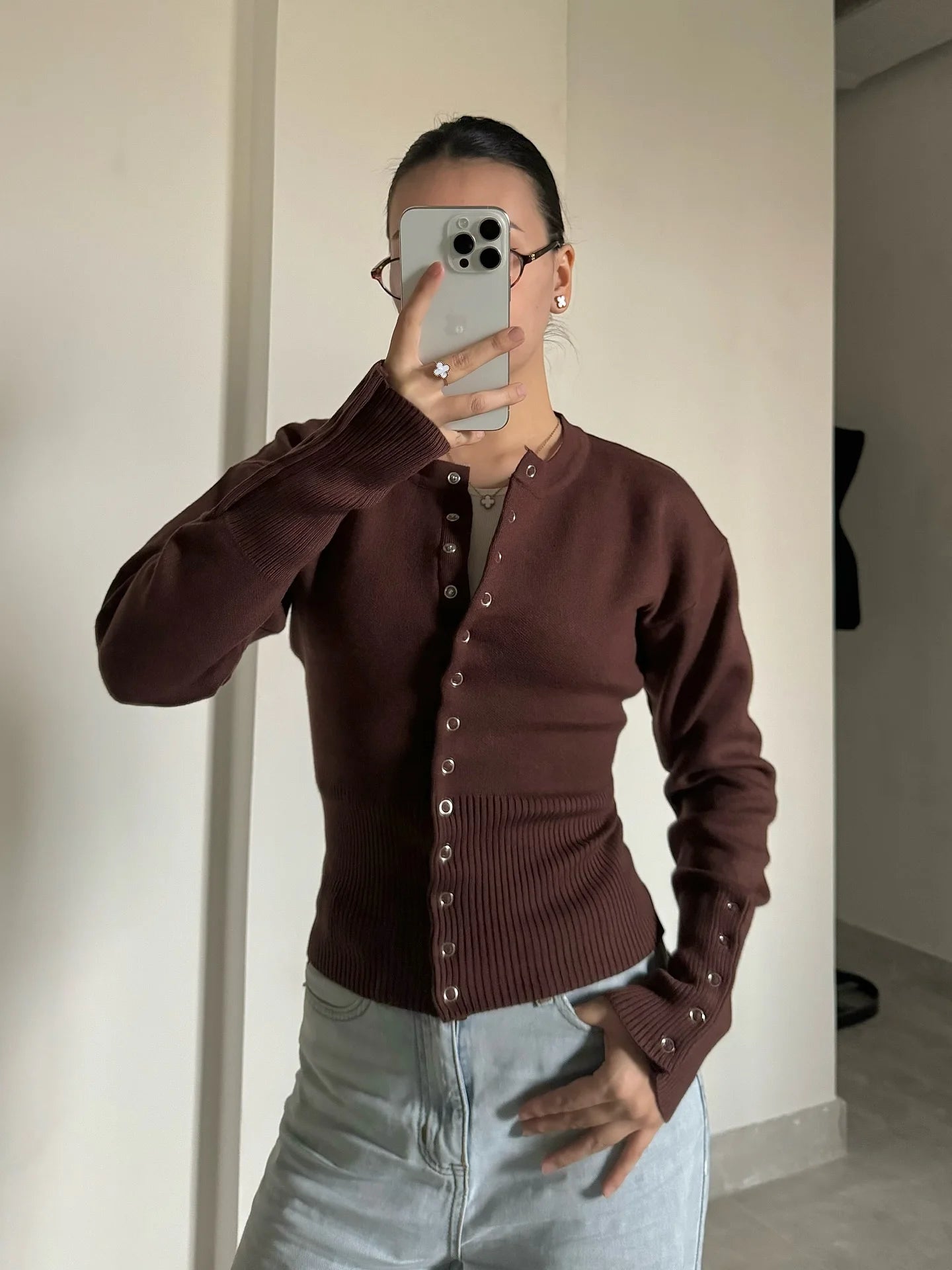 Women's Knitted Fitted Cardigan Elegant Long Sleeve Tops Sweater Knitwears Top Female Clothing 2025 Fall Black Brown White Blue